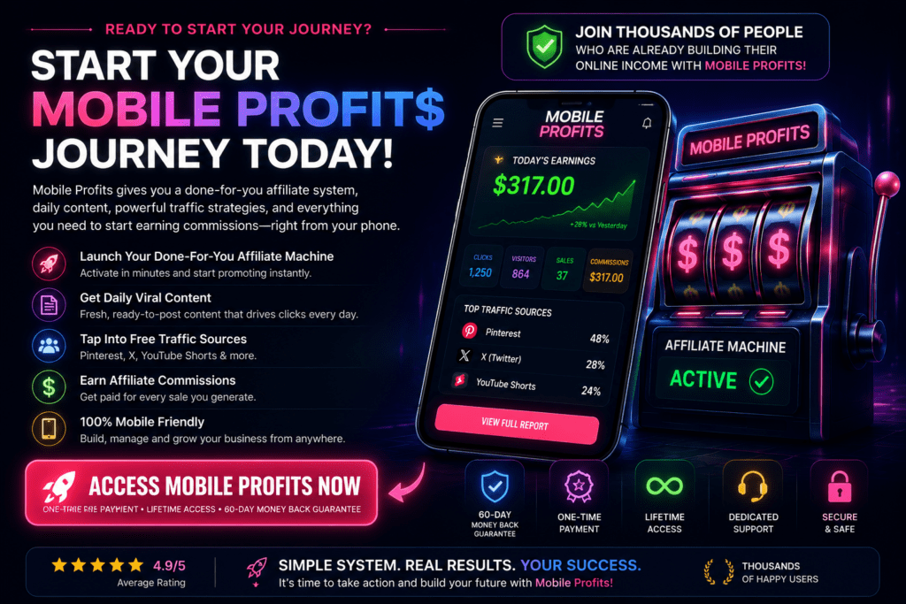 Mobile Profits affiliate marketing platform showing mobile earnings dashboard, active affiliate machine, free traffic sources, done-for-you content system, and call to action to start earning commissions