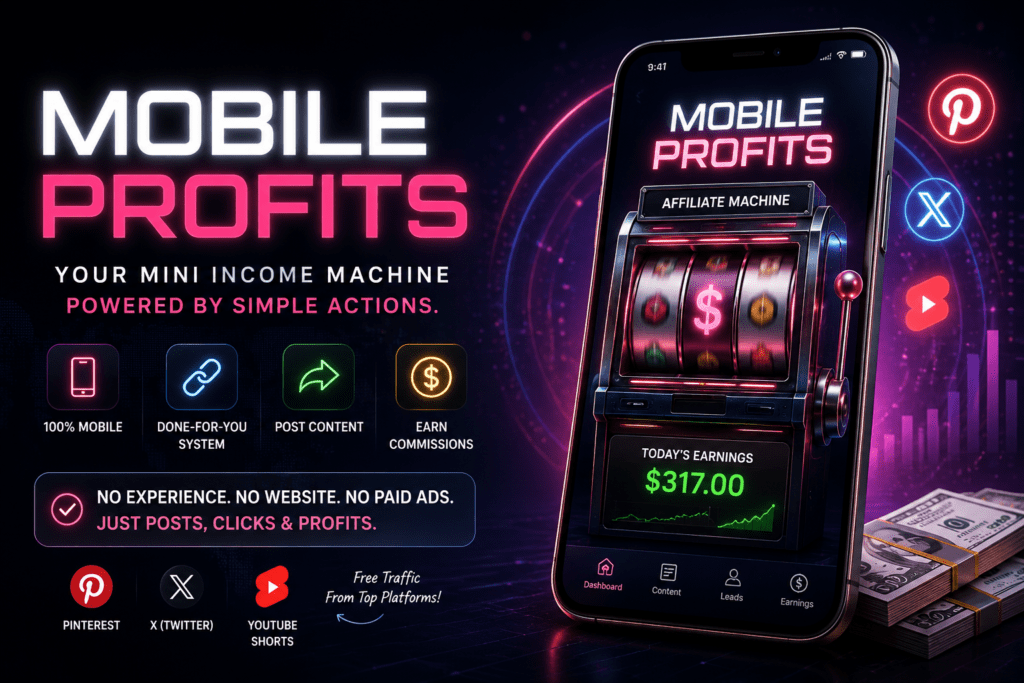 Mobile Profits affiliate marketing platform dashboard showing a mobile income machine, done-for-you content system, free traffic strategies, and commission earnings from Pinterest, X, and YouTube Shorts