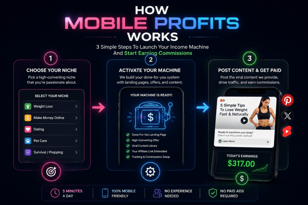 Mobile Profits how it works infographic showing the three-step process of choosing a niche, activating an affiliate machine, and posting content to earn commissions from free traffic sources
