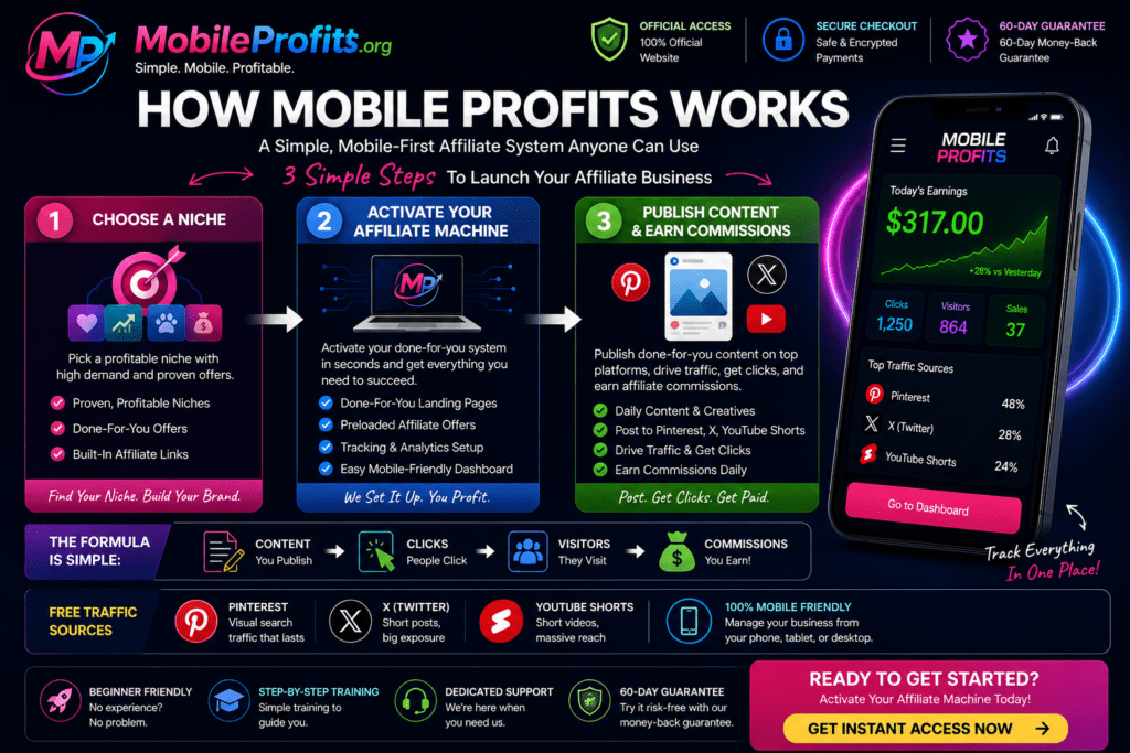 Mobile Profits how it works infographic showing the three-step affiliate marketing process of choosing a niche, activating an affiliate machine, publishing content, driving traffic, and earning commissions