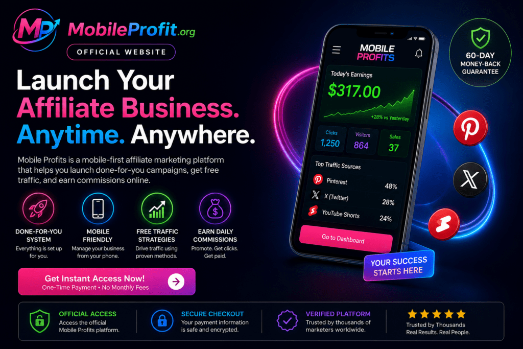 Mobile Profits official website banner showing mobile affiliate marketing platform with done-for-you campaigns, free traffic strategies, secure checkout, verified platform, and commission tracking dashboard
