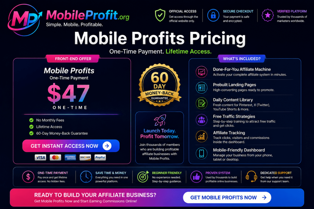 Mobile Profits pricing page showing one-time $47 payment, lifetime access, done-for-you affiliate marketing tools, mobile dashboard, free traffic training, and 60-day money-back guarantee